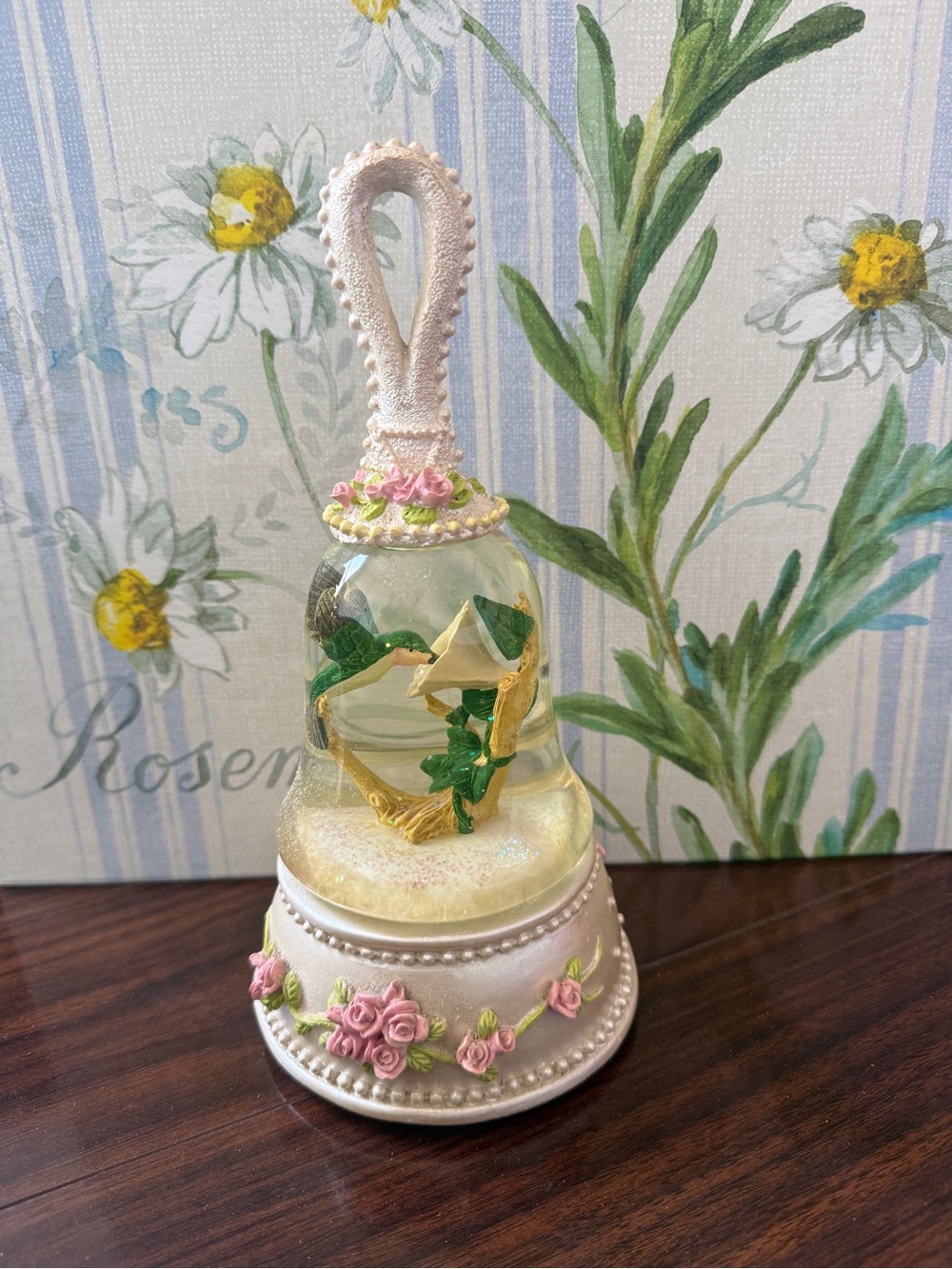 vintage bell-shaped hummingbird musical snow globe 9”